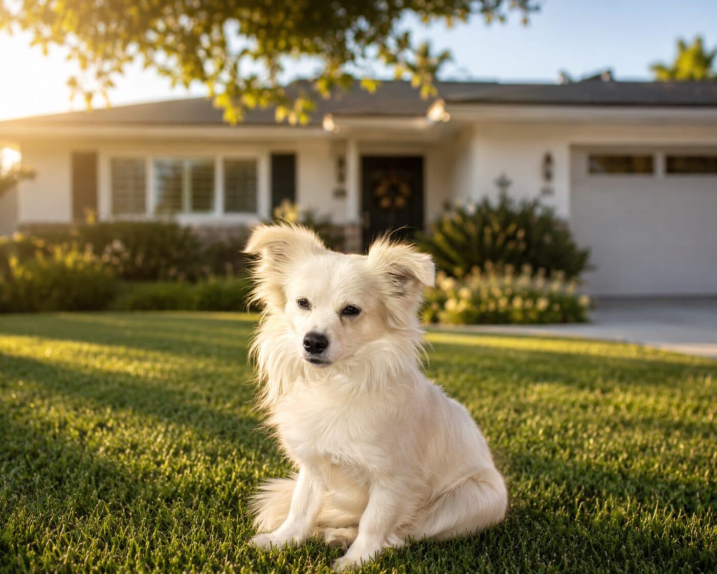 Niko the dog relaxing in a fenced backyard at a pet-friendly Bakersfield rental home